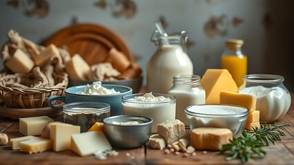 A rustic wooden table displaying a variety of fresh dairy products in soft natural light.