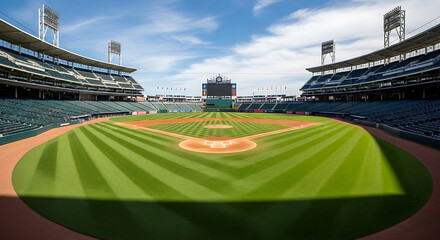Obraz premium Empty baseball field with neatly mowed grass and stands under a blue sky.