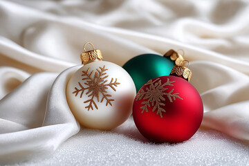 Red, green, and golden Christmas ornaments resting on soft white fabric, surrounded by a snowy backdrop, creating a festive and cozy holiday atmosphere and warm holiday spirit with copy space