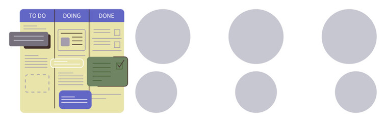 Organized task board with three sections To Do, Doing, Done. Includes notes, checklists, and progress tracking. Ideal for productivity, project management, teamwork organization goals planning © robu_s