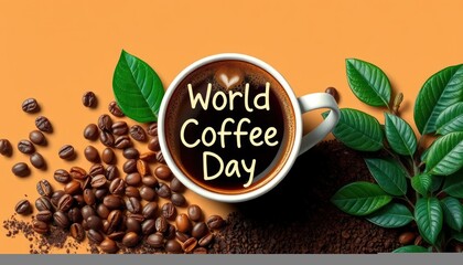 Celebrating World Coffee Day with Coffee Beans and Leaves