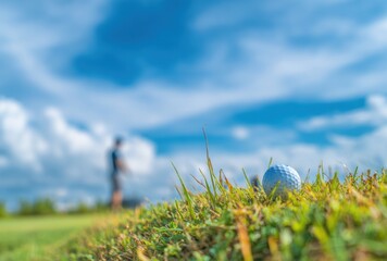Golf ball in lush grass, blue sky and clouds backdrop, blurred golfer preparing to swing in background