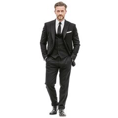 Corporate fashion executive portrait showing full body of confident young businessman in formal black suit on white background, symbolizing career leadership, professional growth, and success