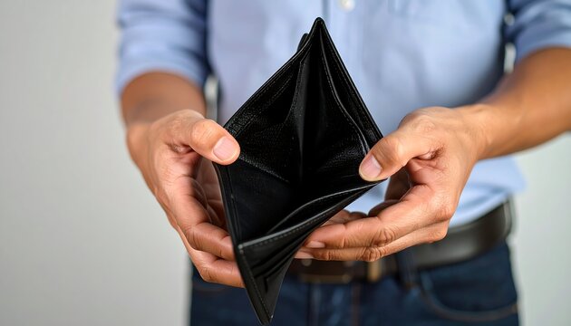 Close-up of a person holding an empty black wallet. The man's hands cradle the opened wallet, his torso and part of his face visible, indicating financial hardship. Jeans and a blue shirt are worn