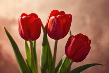 Fototapeta premium Red tulip blossoms against a backdrop