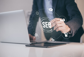 Businessman woks on digital online new marketing business. SEO search engine optimization concept.