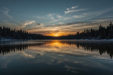 Obraz premium A tranquil sunset over a lake showcasing tree reflections and shadowy outlines