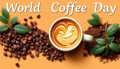 Celebrating World Coffee Day with Coffee Beans and Plant Elements