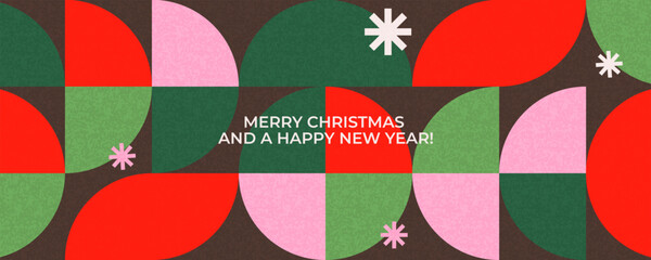 Christmas greeting card, web banner or header, poster, holiday cover. Modern geometric Xmas minimalist design with stylized pattern made of geometric shapes in red, green, pink, brown and white colors
