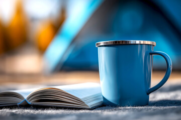 Blue camping mug beside an open journal on soft ground, with a vibrant tent in the background, creating a serene digital detox weekend scene in nature
