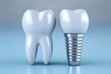 Detailed comparison of natural tooth structure and dental implant showcasing textures, materials, and visual qualities in a clean, modern setting with copy space for design