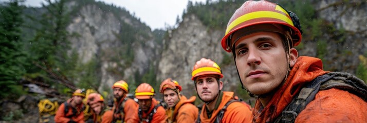 Group of uniformed responders in orange, foreground portrait; mountain background