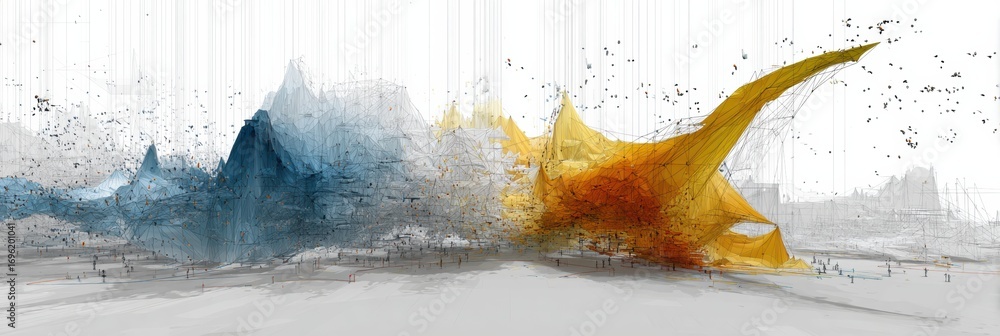 Poster creative design of vibrant abstract structures blending colors and shapes under a cloudy sky during 