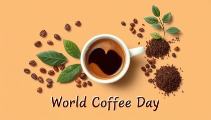 Celebrating World Coffee Day with Coffee Beans and Leaves
