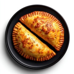 Two golden-brown, crispy empanadas on a dark plate