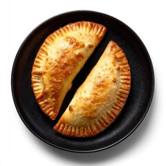 Two golden-brown pastries on a black plate