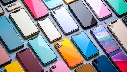 Colorful assortment of sleek, modern devices with vibrant cases and screen displays, arranged on a solid gray surface. 