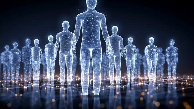 A mesmerizing digital artwork showcases a group of ethereal human figures formed from glowing particles, standing together in a dark, reflective environment.