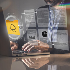 Businessman working on DMS, business automation. Document management system concept. Online storage.