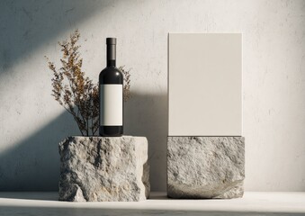 Wine bottle and blank poster on stone pedestals in a sunlit room
