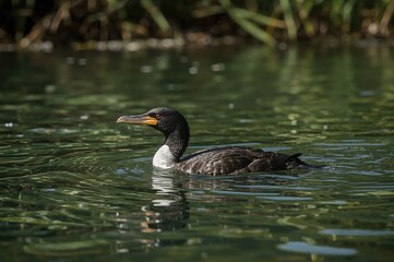 A black waterbird gliding through a flowing stream amidst lush greenery