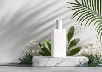 White bottle on marble pedestal, surrounded by greenery