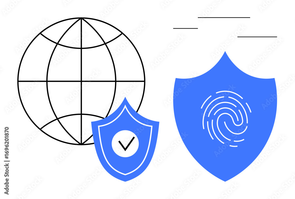 Poster globe with interconnected lines, blue shield with checkmark, fingerprint on another shield. ideal fo