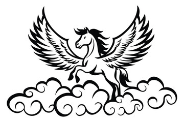 Obraz premium Majestic Winged Pegasus Silhouette Ascending Through Stylized Cloudscape Design