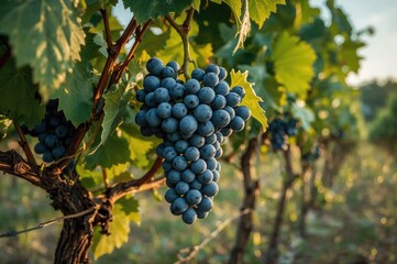 Fototapeta premium A bunch of blue grapes hanging in a vineyard during sunset