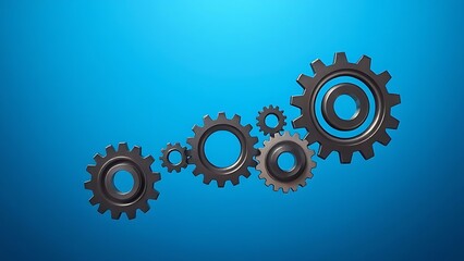 Abstract metal gears floating on a gradient blue background, symbolizing business innovation and technology.
