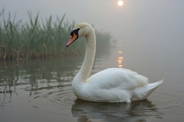 A nearly one-year-old mute swan with patches of brown feathers stretches while standing in shallow water on a misty morning.