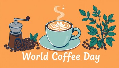 Celebrating World Coffee Day with Coffee Beans and Plant
