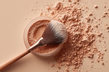 Beige face powder and brush