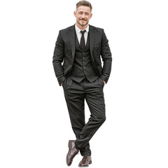 Professional studio full body shot of confident businessman wearing modern black formal suit isolated on white background, symbolizing career growth, leadership role, and executive power