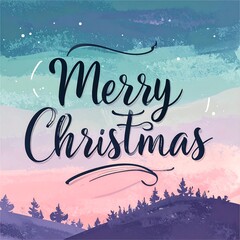 Festive Christmas greeting card with hand-drawn lettering on a painted sky background