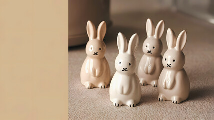 A group of four ceramic bunny statues arranged on a textured surface with warm lighting. The beige tones create a cozy and minimalist aesthetic, perfect for Easter decor or artistic interior styling.