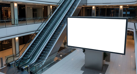 Blank billboard in shopping mall with escalator and indoor setting provides advertising space for marketing campaigns.