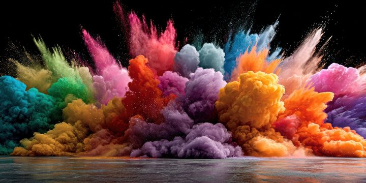 Abstract explosion of vivid pigments on a glossy surface against a black background, resembling a vibrant powder cloud