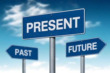 Three blue road signs pointing in different directions past present future image