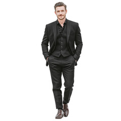 Full body portrait of confident male executive in elegant black formal suit standing on plain white background, representing corporate leadership strength, success and professional achievement