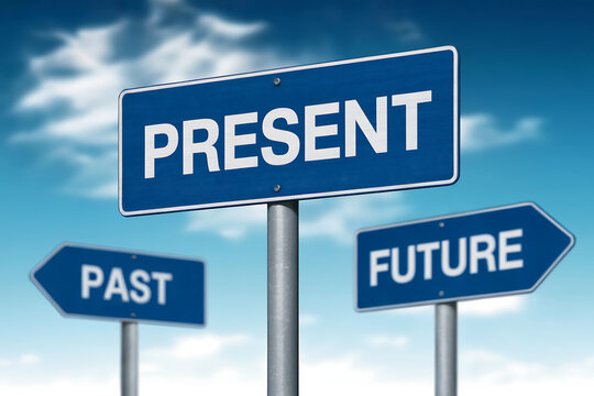 Three blue road signs pointing in different directions past present future image