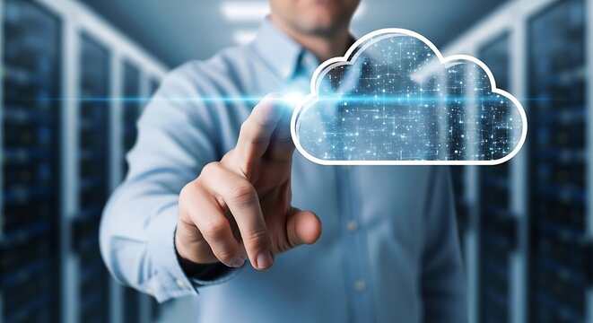 Person touching digital cloud in server room finger