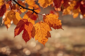 Obraz premium Detailed view of fall foliage on a twig, set against a gentle, out-of-focus backdrop emphasizing the fragile charm of the seasonal transition