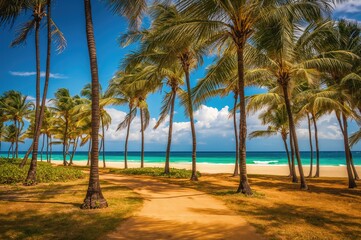 Fototapeta premium A trail lined with palm trees heading toward the sea