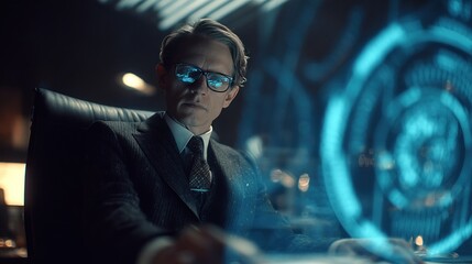 Focused man in a suit with glasses, sits with a futuristic blue holographic interface overlayed in front of him