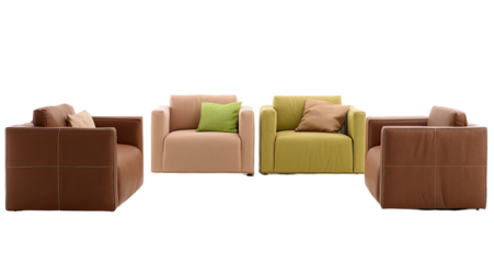 Three armchairs, neutral colors, simple design