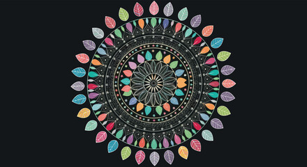 Intricate abstract mandala pattern featuring colorful geometric shapes and repeating floral motifs on a dark background
