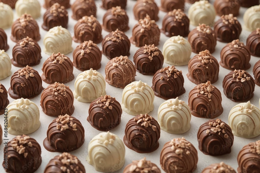 Poster assorted chocolate truffles displayed on a surface
