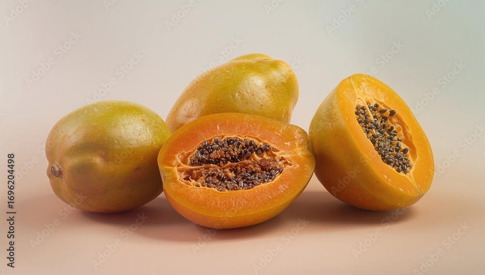 Poster editable vector featuring whole and cut papayas in a realistic style, isolated on a plain background