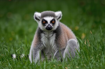 Fototapeta premium A cute lemur portrait surrounded by green grass and forest nature